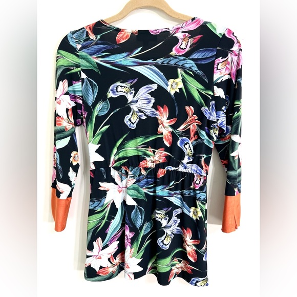 PETIT POIS Women’s 3/4 Sleeve V Neck Top M Mixed‎ Floral Artsy Boho Tropical - Picture 8 of 14